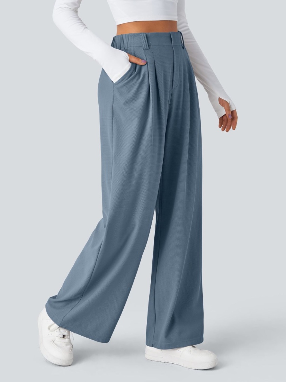 Halara Flex M High Waisted Pocket Wide Leg Waffle Work Pants Light Blue